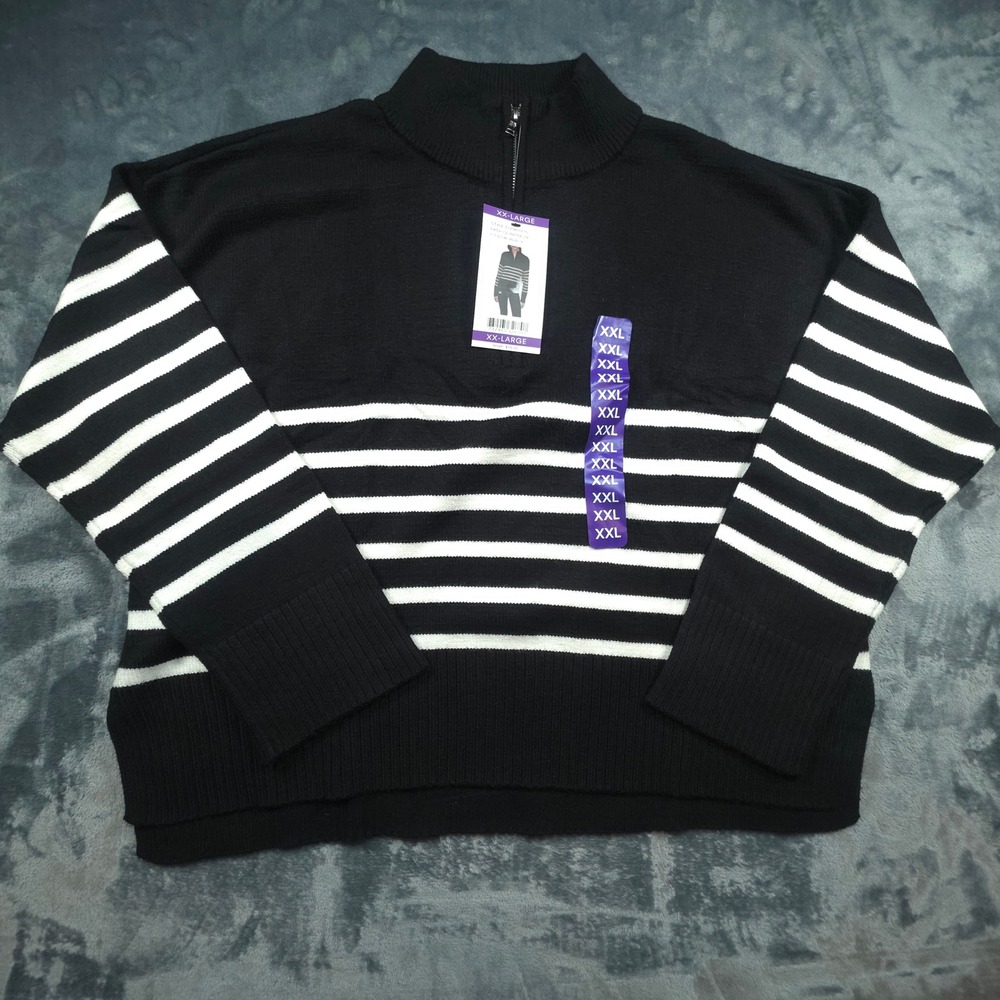 DKNY Womens Black White Striped Quarter Zip Turtleneck Sweater XXL DJ5RO975